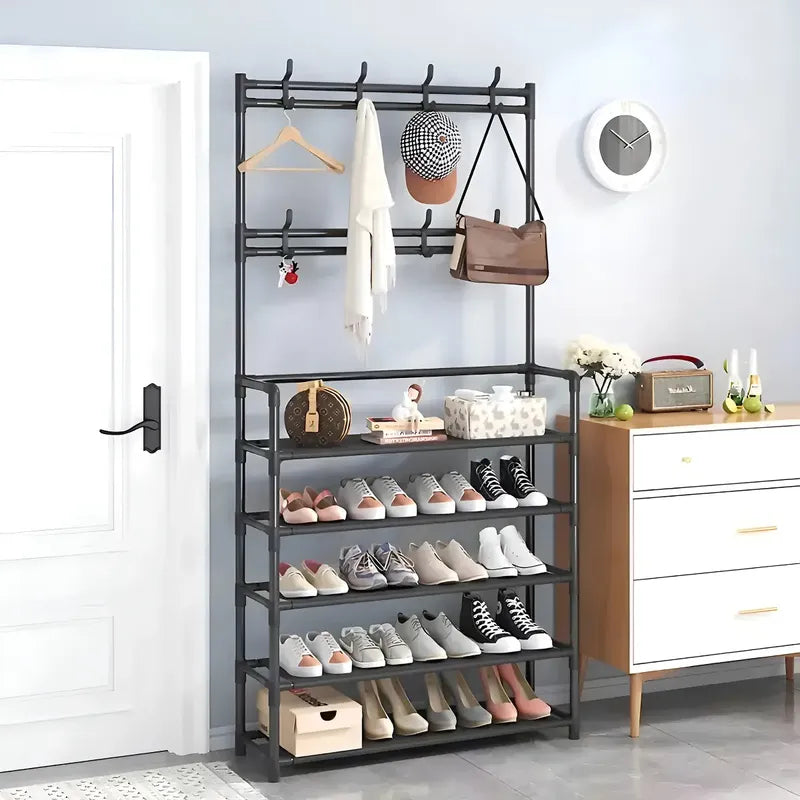 Zapatero De 5 Niveles Perchero Acero Metálico Organizador 2 En 1 Zapatera Armable Con 8 Ganchos Almacenamiento Para Tenis Figo Import Negro