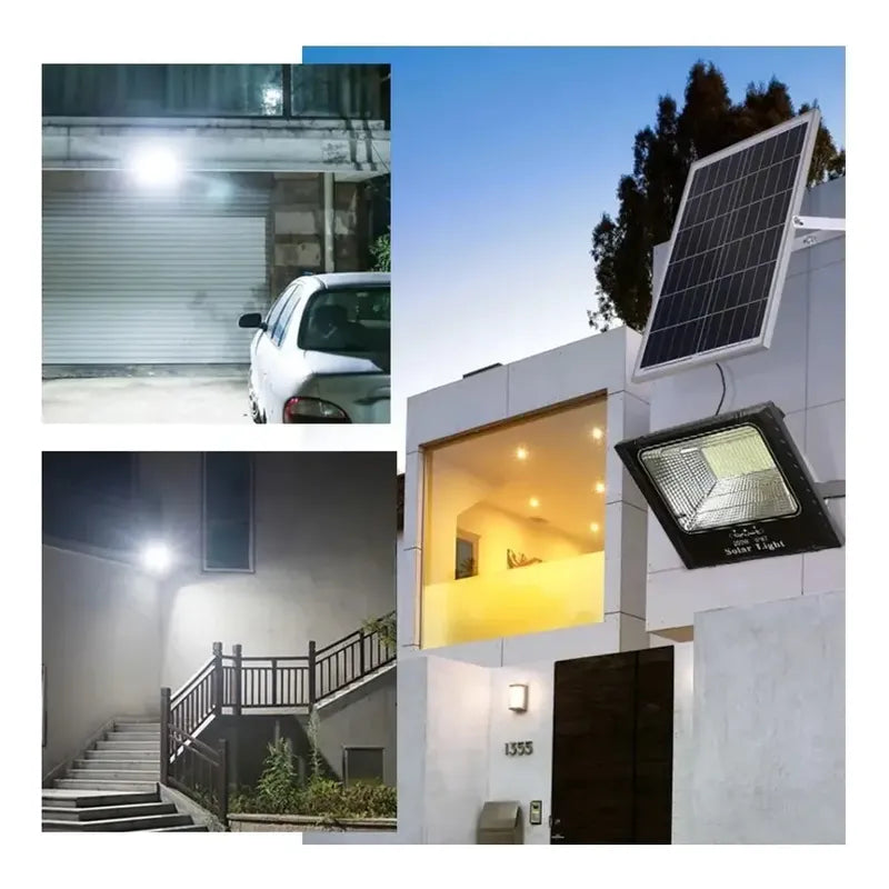 Foco Led Solar 100w Proyector Exterior Control Remoto Figo Negro Blanco Frío