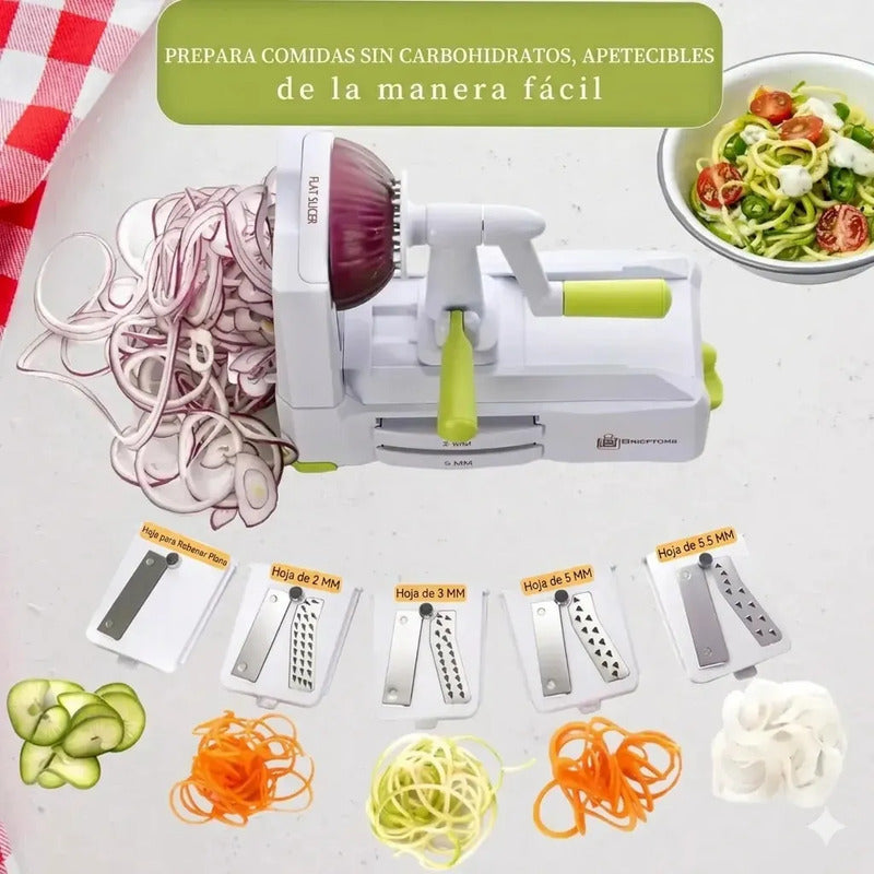 Cortador Espiralizador De Verduras Con 5 Cuchillas Y Contenedor  Figostore Blanco