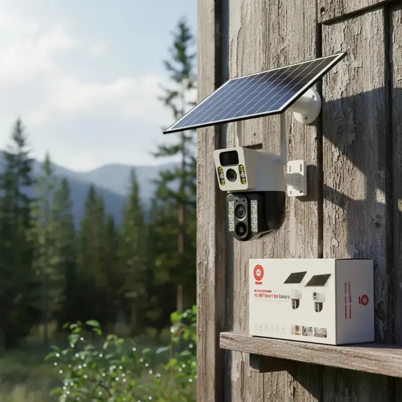 Camara De Seguridad Ptz Solar Wifi V380 Exterior Inalambrica Doble Lente Resolucion Hd Con Intercomunicador De Voz... Blanco