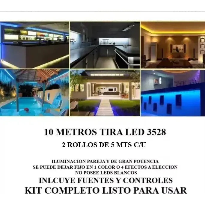 Kit 10 Metros Tira Luces Led Rgb 3528 + Fuente + Control Rgb