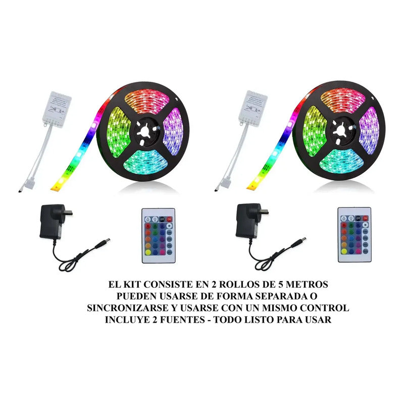 Kit 10 Metros Tira Luces Led Rgb 3528 + Fuente + Control Rgb