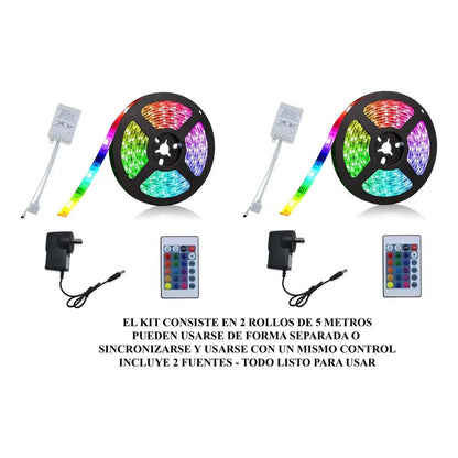 Kit 10 Metros Tira Luces Led Rgb 3528 + Fuente + Control Rgb