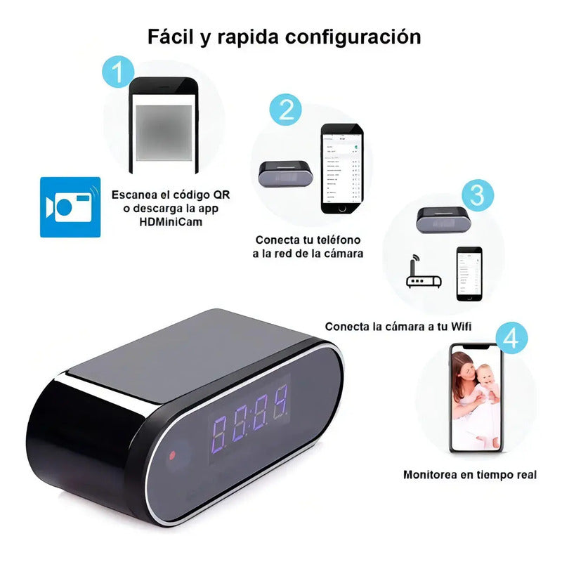 Reloj Despertador Cámara Oculta 1080 Wifi Detecta Movimiento