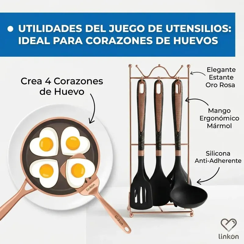 Utensilios Set  Silicona 7 Piezas Negro Marmol Y Rose Gold Negro