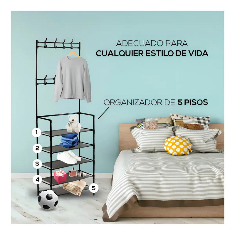 Zapatero De 5 Niveles Perchero Acero Metálico Organizador 2 En 1 Zapatera Armable Con 8 Ganchos Almacenamiento Para Tenis Figo Import Negro