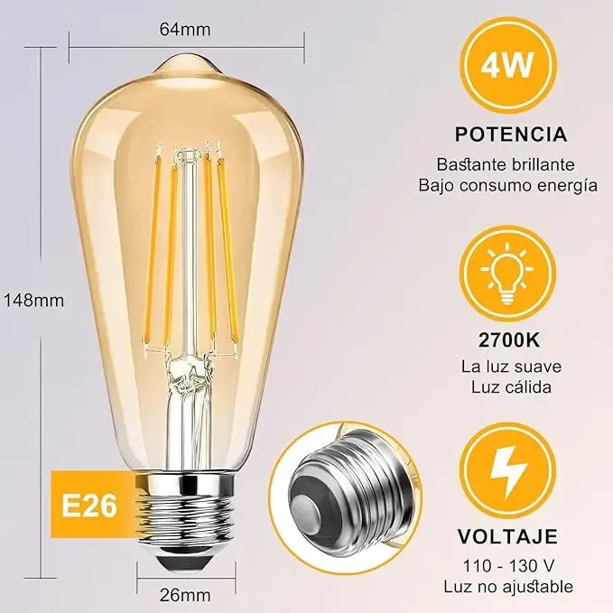 Ampolleta Vintage Led E27 4w Luz Cálida Retro Amarillo