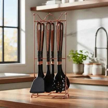 Set De Utensilios De Cocina Figoimport De Silicona Negro Marmoleado Con Soporte, 7 Piezas