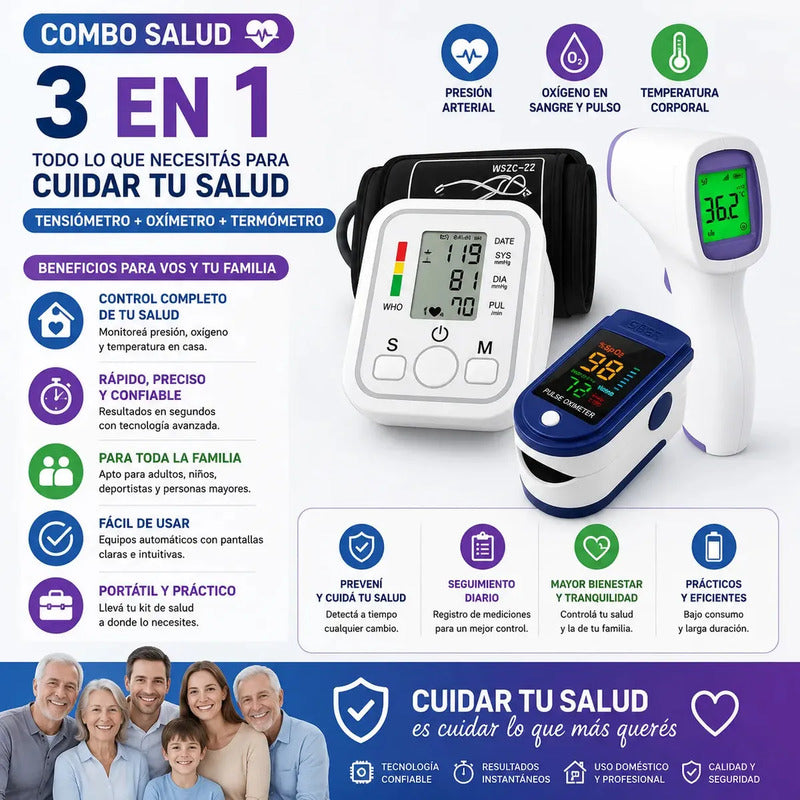 Kit De Monitoreo Medico Tensiometro Oximetro Termometro Dedo Blanco