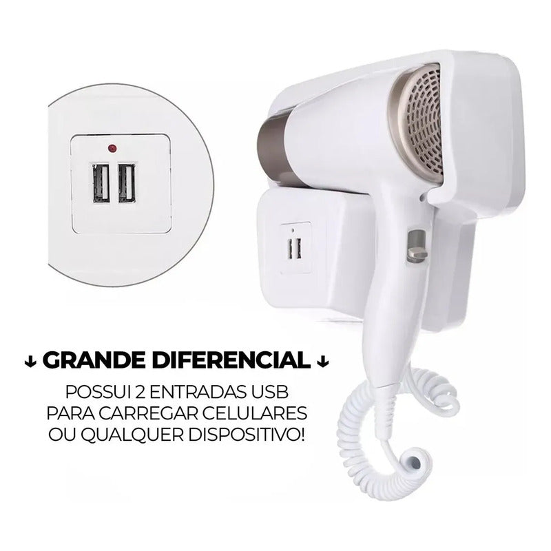 Secador De Pelo 1300w Con Soporte Y Puerto Usb Cargador Blanco