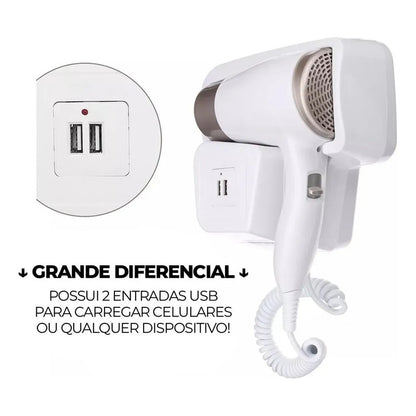 Secador De Pelo 1300w Con Soporte Y Puerto Usb Cargador Blanco