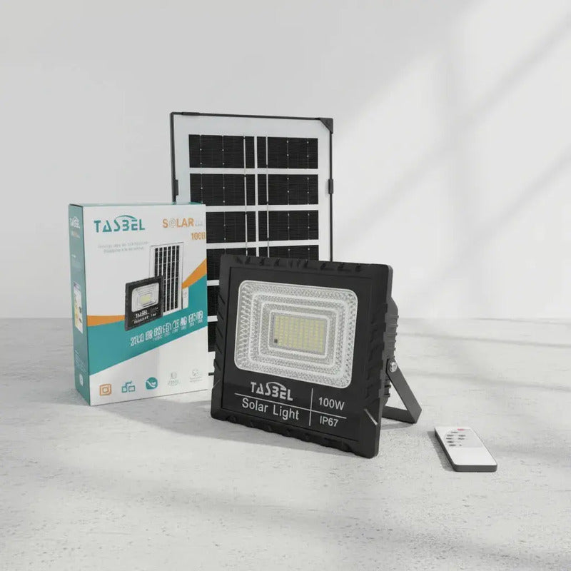 Foco Led Solar 100w Pro Reflector Exterior Impermeable Ip67 Con Control Remoto Carga Automatica Figoimport Negro Blanco Frío