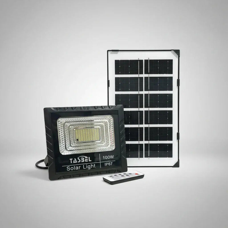 Foco Led Solar 100w Pro Reflector Exterior Impermeable Ip67 Con Control Remoto Carga Automatica Figoimport Negro Blanco Frío