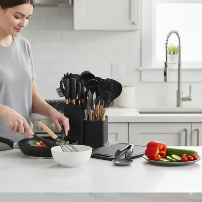 Utensilios De Cocina Mango Madera Punta Silicona Set X 19