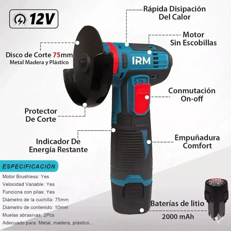 Mini Amoladora Angular Inalámbrica 12v Con 2 Baterías Y Velocidad Regulable Azul Marino 60hz