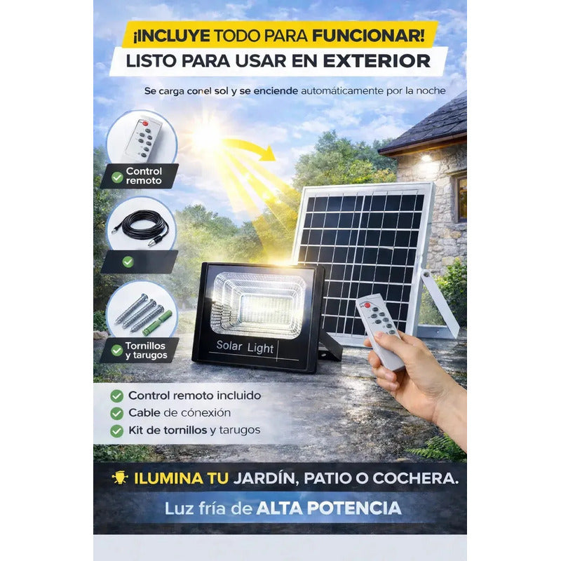 Foco Led Solar 100w Proyector Exterior Control Remoto Figo Negro Blanco Frío