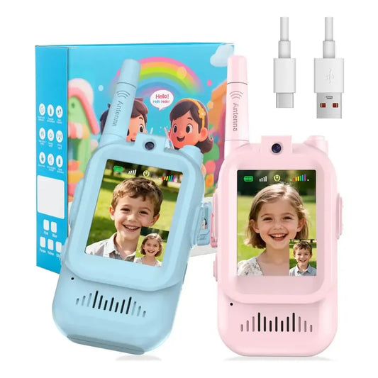 Radio Comunicador Walkie Talkie Con Pantalla Camara Niños Rosa Y Celeste