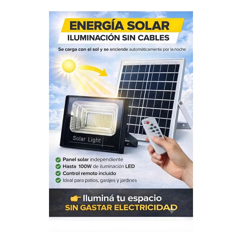Foco Led Solar 100w Proyector Exterior Control Remoto Figo Negro Blanco Frío