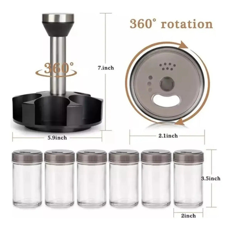 Set Condimentero Vidrio Giratorio Cocina Especiero Premium Plateado
