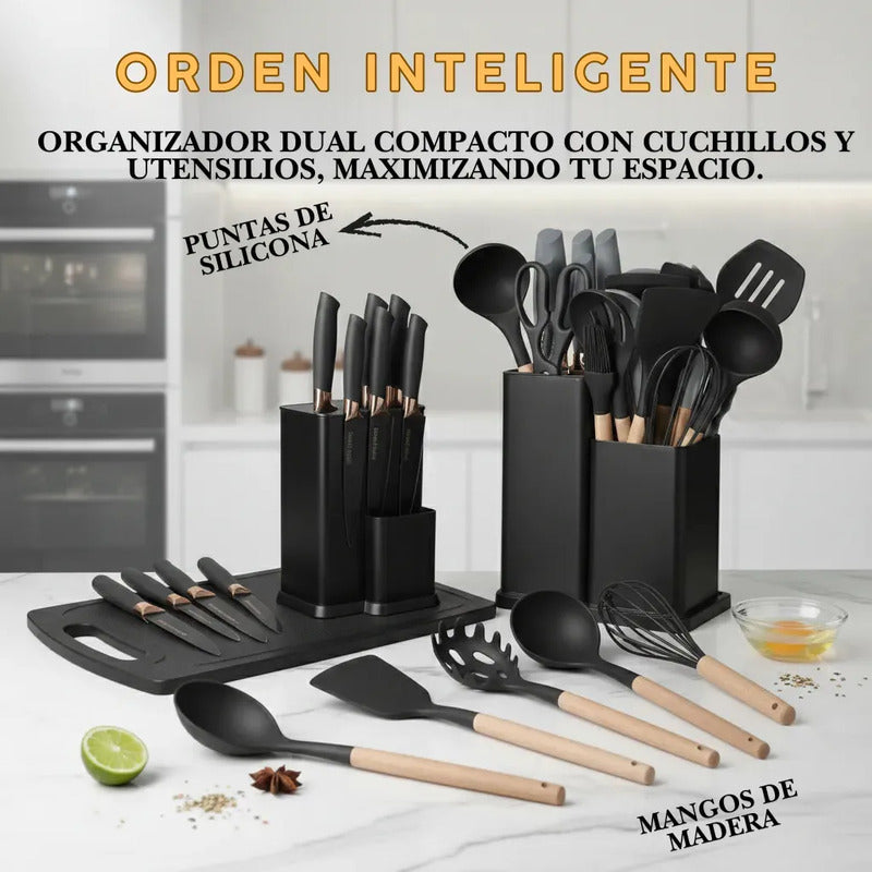 Utensilios De Cocina Mango Madera Punta Silicona Set X 19