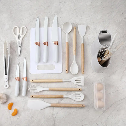Utensilios De Cocina Mango Madera Punta Silicona Set X 19