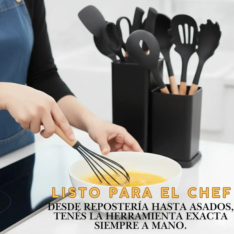 Utensilios De Cocina Mango Madera Punta Silicona Set X 19