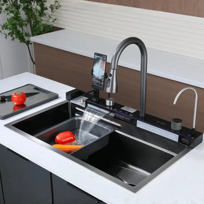 Lavaplatos Gris Grafito Cascada Con Grifo Led Y Accesorios Gris Oscuro