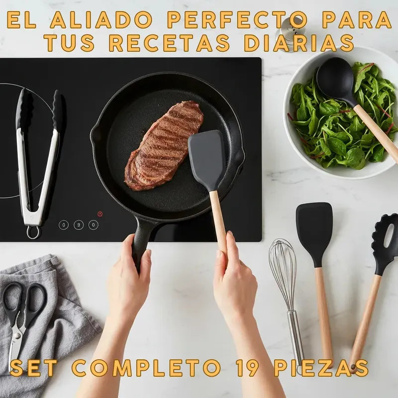 Utensilios De Cocina Mango Madera Punta Silicona Set X 19