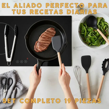 Utensilios De Cocina Mango Madera Punta Silicona Set X 19
