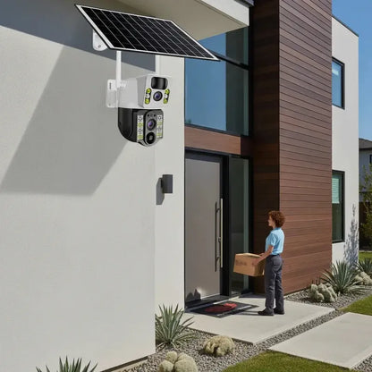 Camara De Seguridad Ptz Solar Wifi V380 Exterior Inalambrica Doble Lente Resolucion Hd Con Intercomunicador De Voz... Blanco