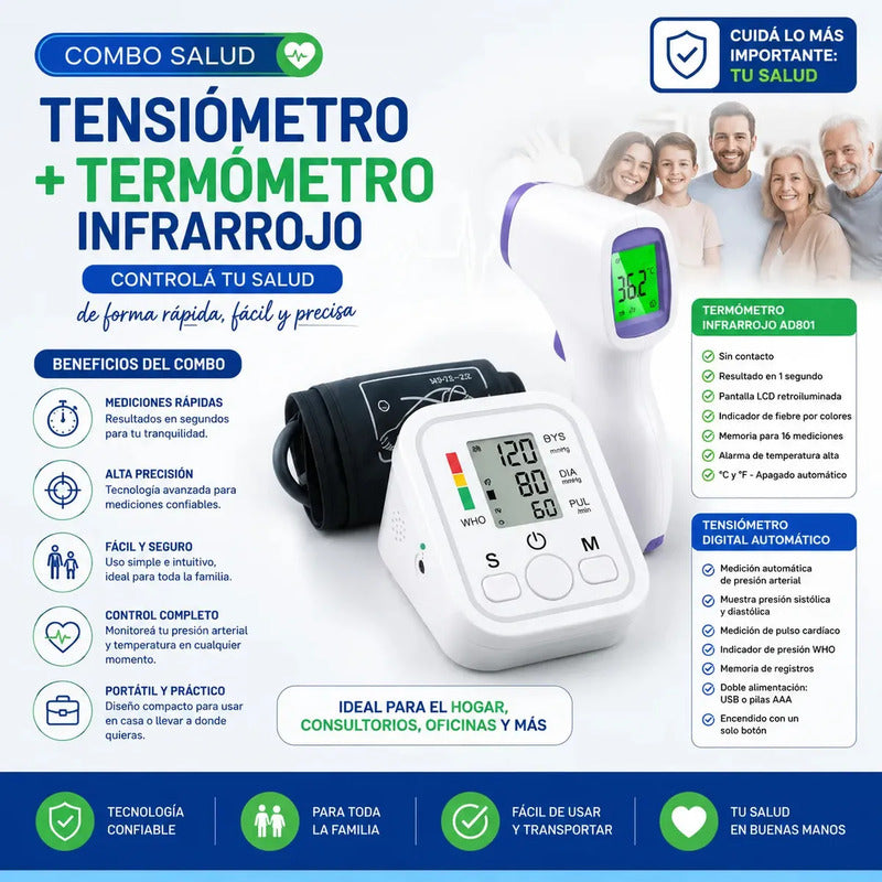 Kit De Monitoreo Medico Tensiometro Oximetro Termometro Dedo Blanco