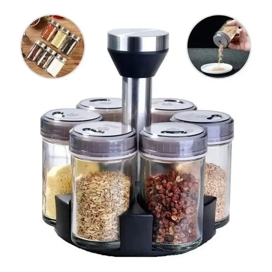 Set 6 Especieros Condimento Giratorio 360 Salidas Multiples Negro