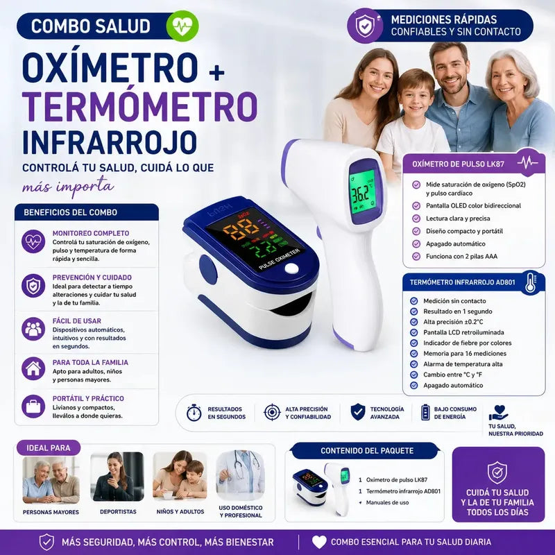 Kit De Monitoreo Medico Tensiometro Oximetro Termometro Dedo Blanco