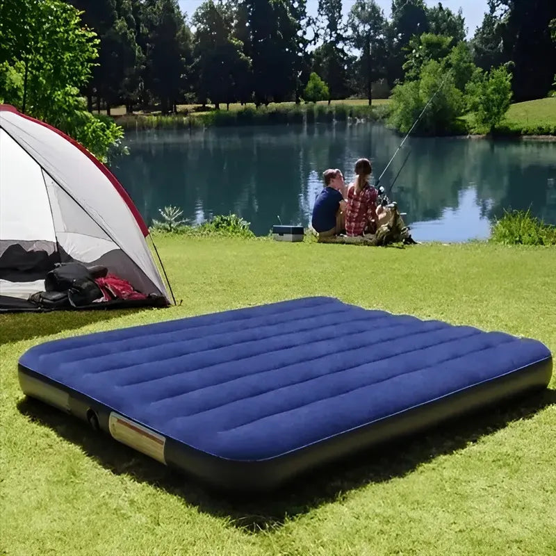 Colchón Inflable De 2 Plazas Figostore Con Superficie Aterciopelada Y Bomba Eléctrica Azul