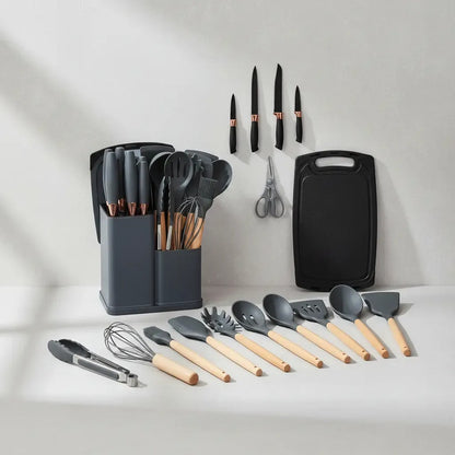 Utensilios De Cocina Mango Madera Punta Silicona Set X 19