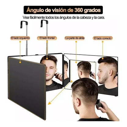 Espejo De 3 Vías De Corte De Pelo Triple De 360° Con Ganchos Plateado