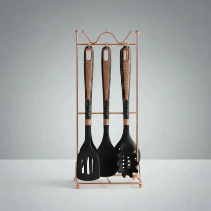Set De Utensilios De Cocina Figoimport De Silicona Negro Marmoleado Con Soporte, 7 Piezas