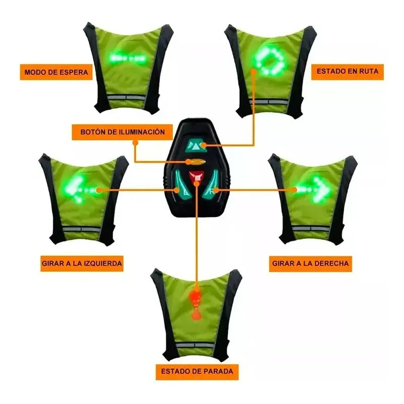 Chaleco Reflectivo Bicicleta Led Verde 2009 Indicadores Control Remoto Resistente Agua
