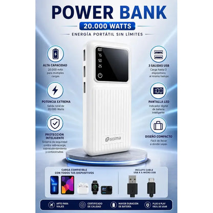 Bateria Externa 20000mah Power Bank Tres Salidas Usb Led Variado