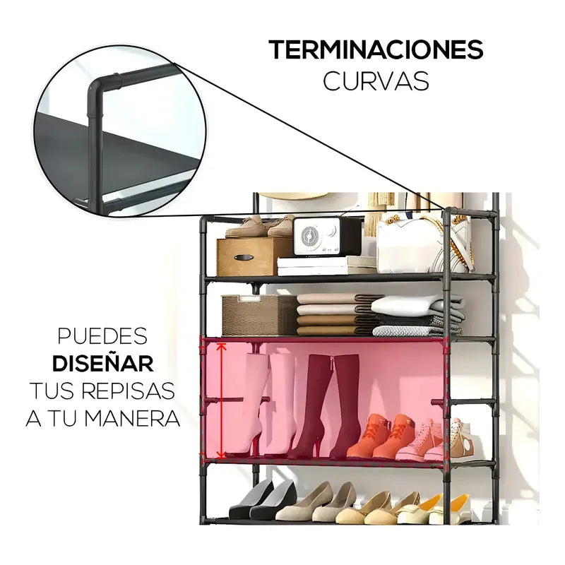 Zapatero De 5 Niveles Perchero Acero Metálico Organizador 2 En 1 Zapatera Armable Con 8 Ganchos Almacenamiento Para Tenis Figo Import Negro