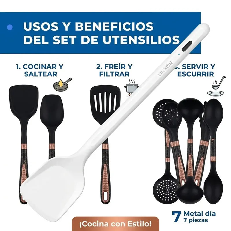 Set De Utensilios De Cocina Figoimport De Silicona Negro Marmoleado Con Soporte, 7 Piezas