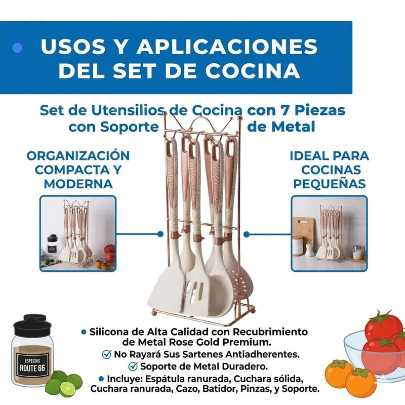Set De Utensilios De Cocina Figoimport De Silicona Negro Marmoleado Con Soporte, 7 Piezas