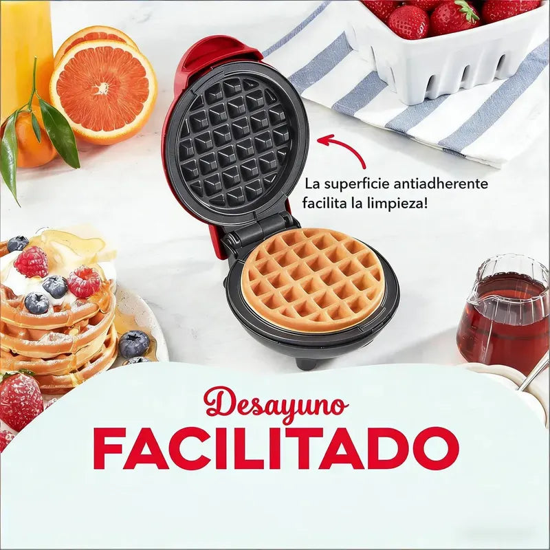 Waflera Mini Eléctrica Redonda Antiadherente Para Wafles Rojo