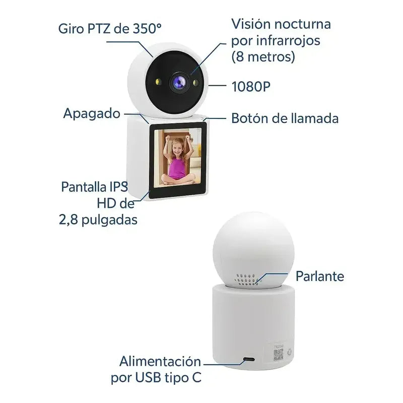 Camara De Videollamadas Interior Wifi 1080p Pantalla Hd 2.8 Pulgadas Ideal Monitoreo Cuidado Adulto Mayor Ninos Bebes... Blanco