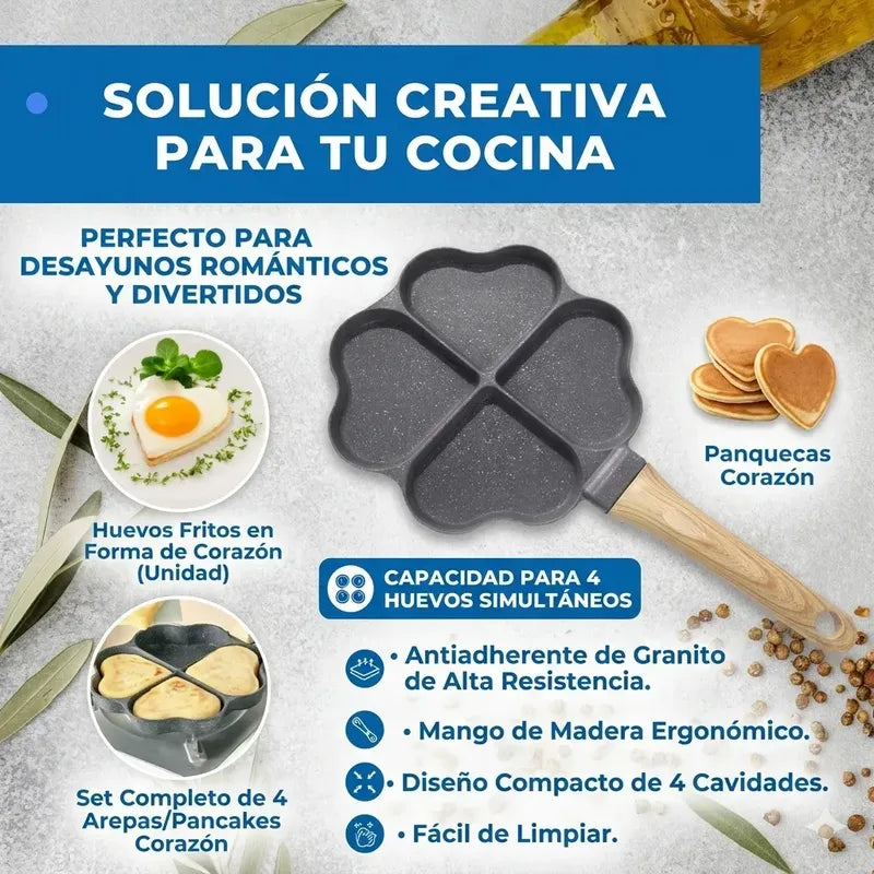 Sarten Corazon 4 Cavidades Antiadherente Huevos Y Arepas Negro