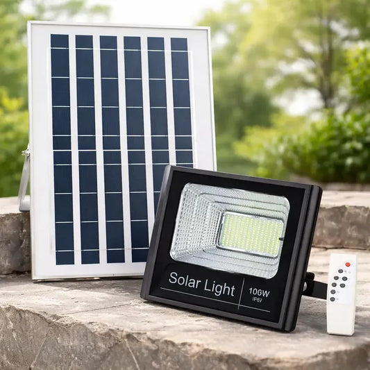 Foco Led Solar 100w Proyector Exterior Control Remoto Figo Negro Blanco Frío