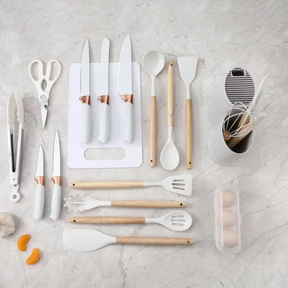 Utensilios De Cocina Mango Madera Punta Silicona Set X 19
