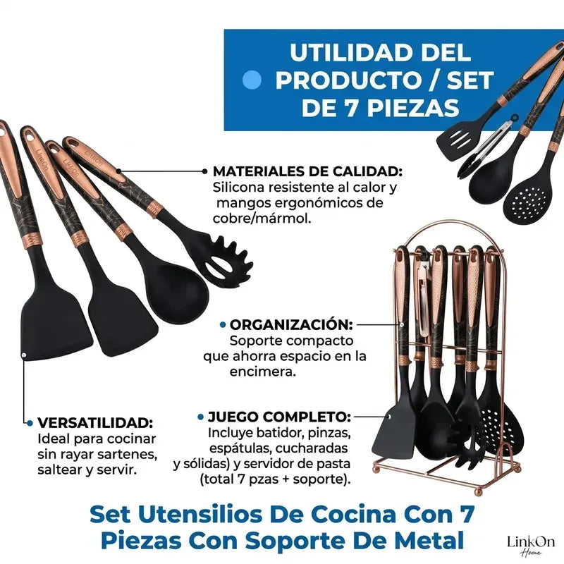 Set De Utensilios De Cocina Figoimport De Silicona Negro Marmoleado Con Soporte, 7 Piezas