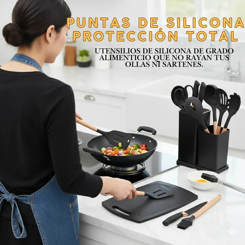 Utensilios De Cocina Mango Madera Punta Silicona Set X 19