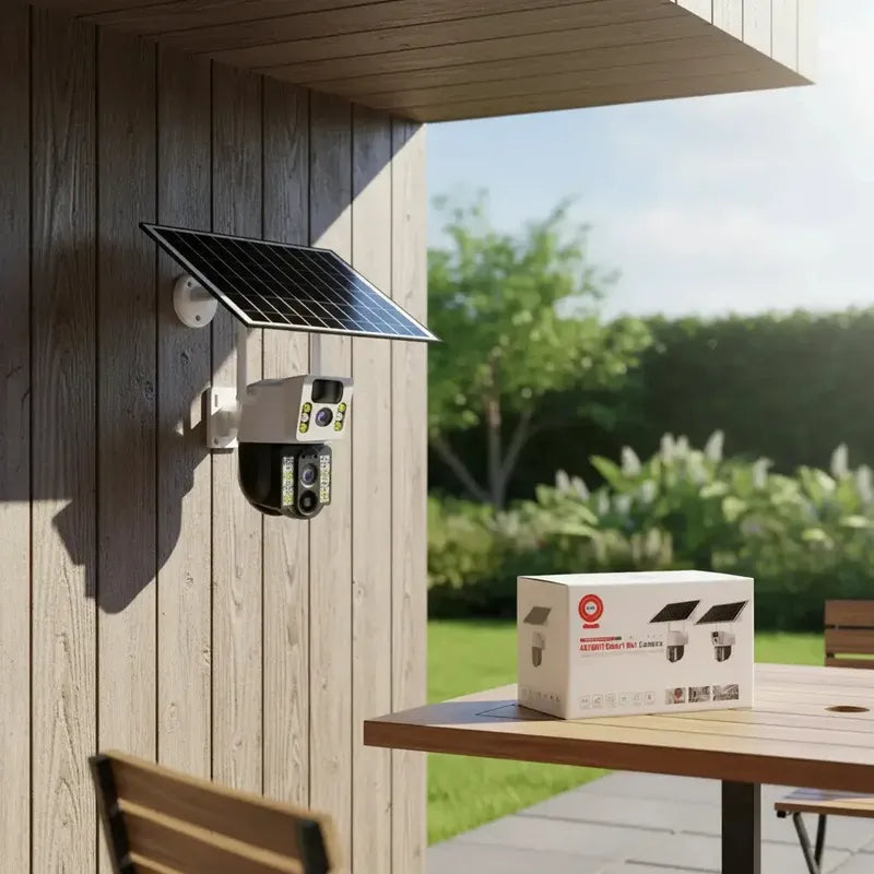 Camara De Seguridad Ptz Solar Wifi V380 Exterior Inalambrica Doble Lente Resolucion Hd Con Intercomunicador De Voz... Blanco